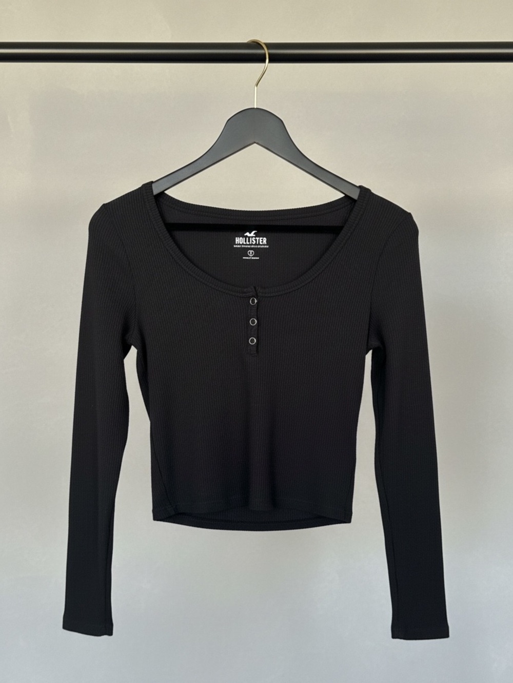 Hollister Black Ribbed Long-Sleeve Henley Top